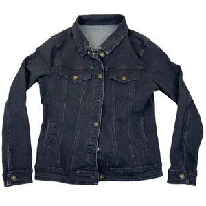Women's Black Denim Jean Jacket Medium Stretch Fitted Classic Button Y2K